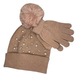 Nordstrom OMG pink knit pom pom hat with pearl accents and matching knit gloves